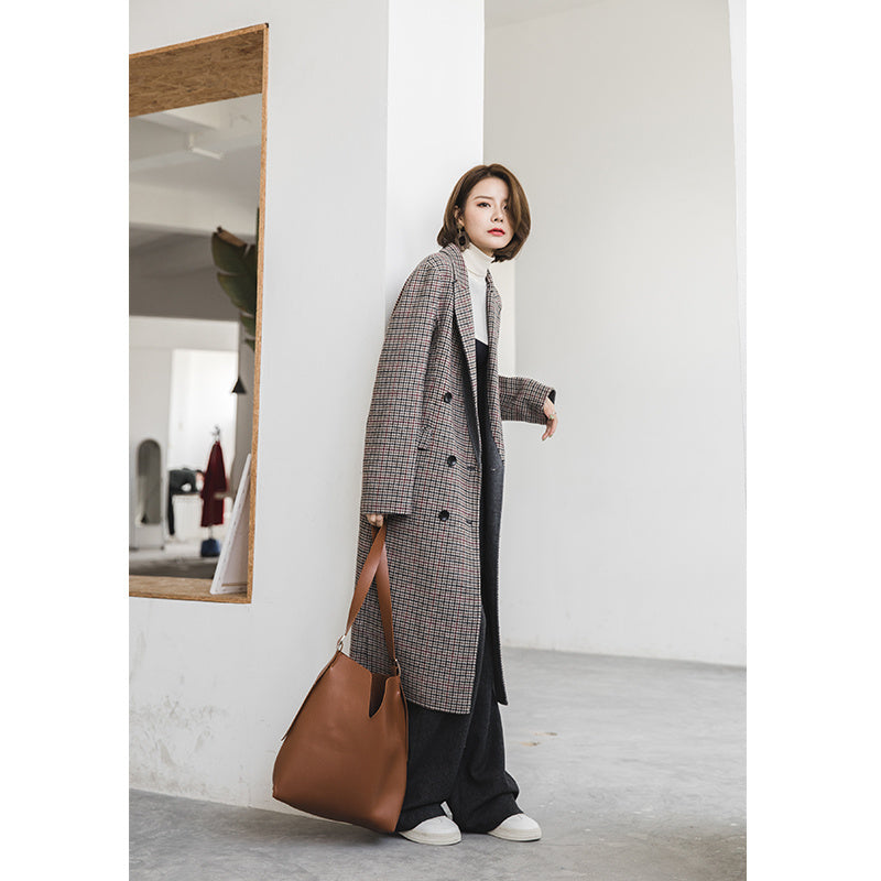 MoMo foam, autumn bird, plaid coat, women''s medium length, double breasted, cashmere coat.