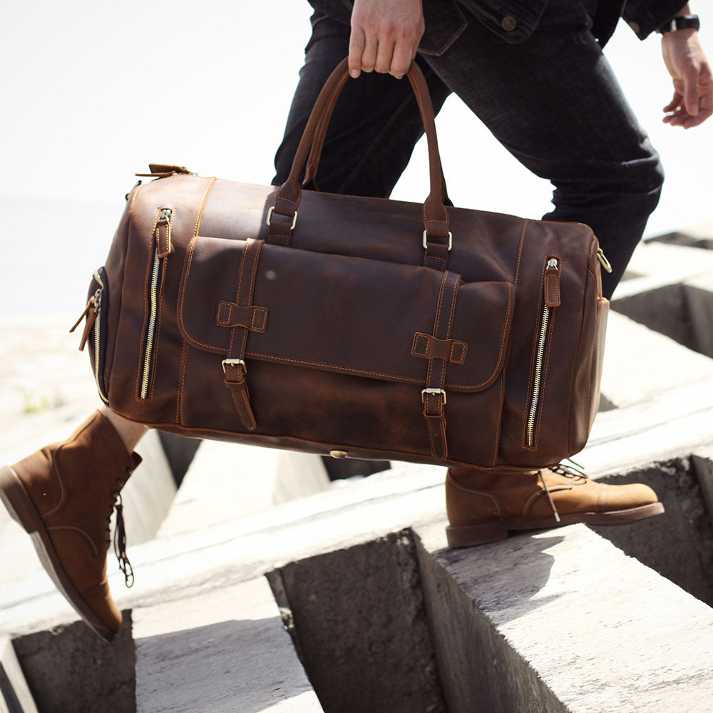 Men's Retro Genuine Leather Super Large Capacity First Layer Cowhide Leather Hand Luggage Bag