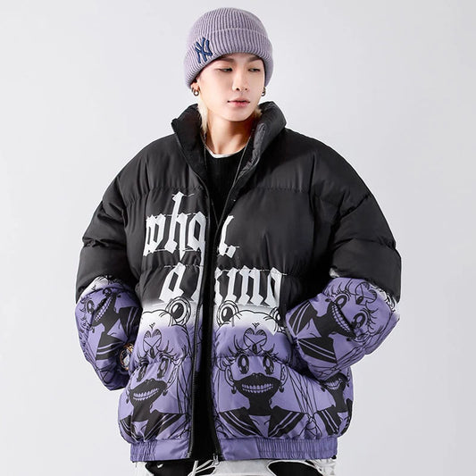 Hip Hop Oversized Padded Parkas Mens Harajuku Gradient Carto